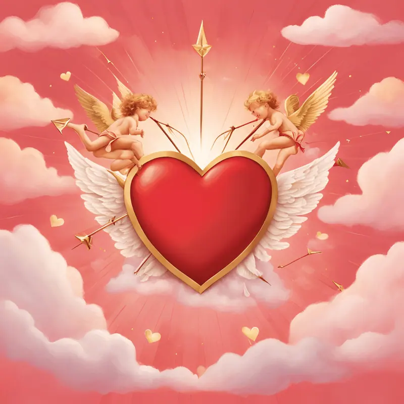 Coração vermelho com asas entre nuvens e cupidos
