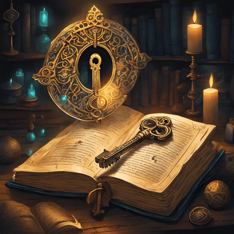 Chave antiga dourada sobre um livro aberto, entre velas