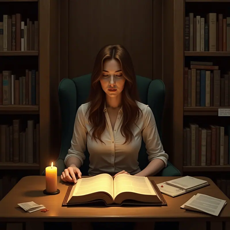 Jovem estudando à luz de vela em uma biblioteca