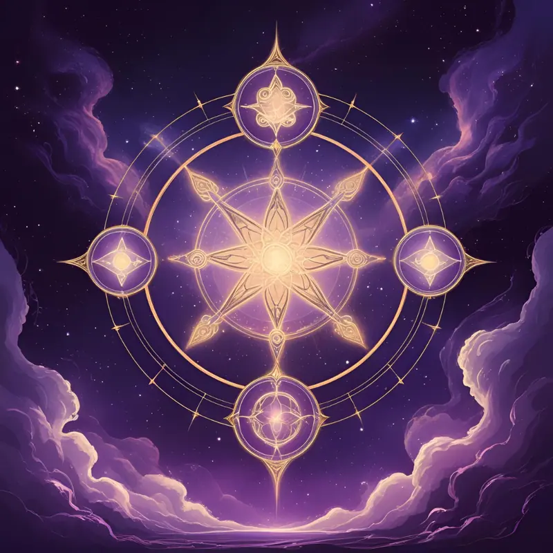 Mandala dourada iluminada sob um céu estrelado violeta